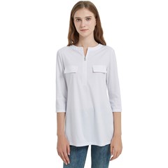 Women s Zip Front V-Neck 3/4 Sleeve Casual Top Pocket Shirt