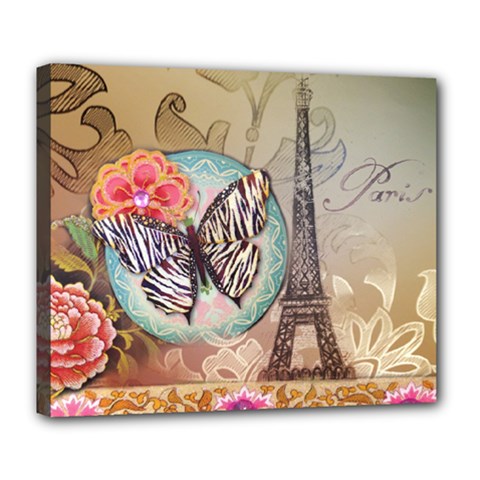 Fuschia Flowers Butterfly Eiffel Tower Vintage Paris Fashion Deluxe Canvas 24  X 20  (framed)