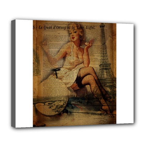 Vintage Newspaper Print Sexy Hot Gil Elvgren Pin Up Girl Paris Eiffel Tower Deluxe Canvas 24  X 20  (framed) by chicelegantboutique