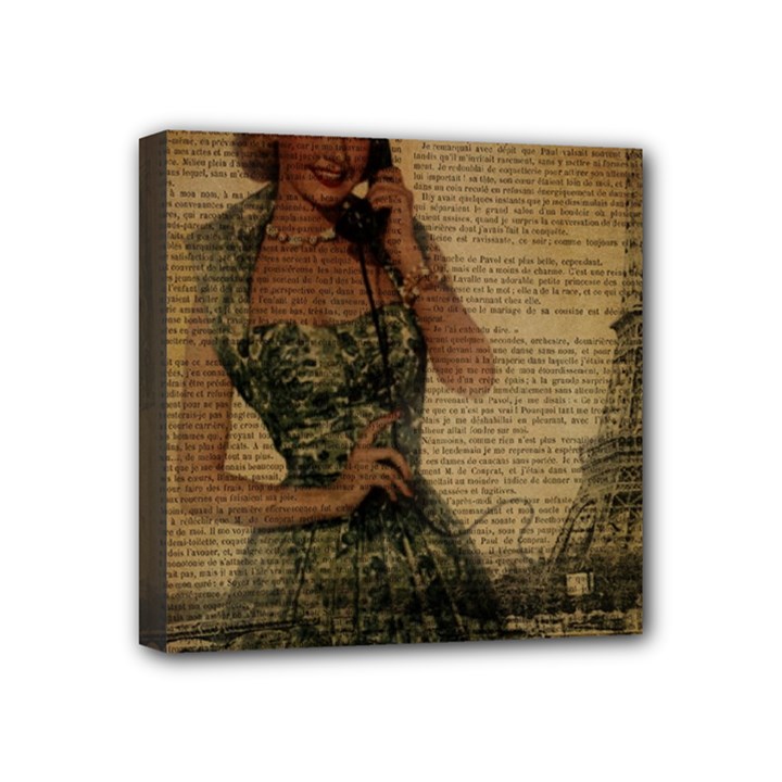 Retro Telephone Lady Vintage Newspaper Print Pin Up Girl Paris Eiffel Tower Mini Canvas 4  x 4  (Framed)