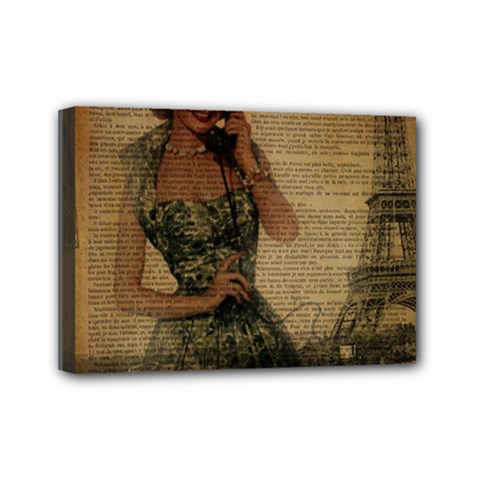 Retro Telephone Lady Vintage Newspaper Print Pin Up Girl Paris Eiffel Tower Mini Canvas 7  X 5  (framed) by chicelegantboutique