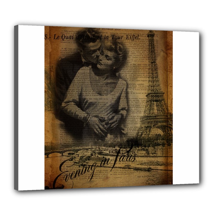 Romantic Kissing Couple Love Vintage Paris Eiffel Tower Canvas 24  x 20  (Framed)