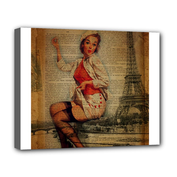  Vintage Newspaper Print Pin Up Girl Paris Eiffel Tower Funny Vintage Retro Nurse  Deluxe Canvas 20  x 16  (Framed)