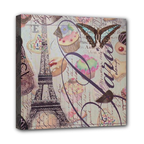 French Pastry Vintage Scripts Floral Scripts Butterfly Eiffel Tower Vintage Paris Fashion Mini Canvas 8  X 8  (framed) by chicelegantboutique