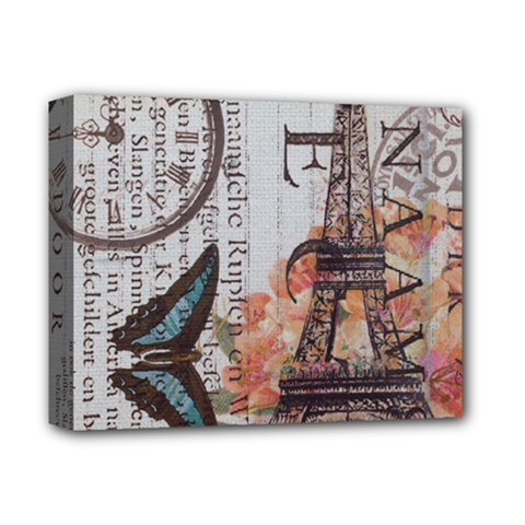 Vintage Clock Blue Butterfly Paris Eiffel Tower Fashion Deluxe Canvas 14  X 11  (framed) by chicelegantboutique