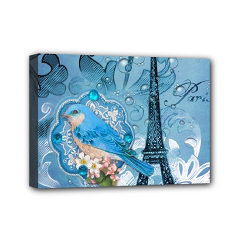 Girly Blue Bird Vintage Damask Floral Paris Eiffel Tower Mini Canvas 7  X 5  (framed) by chicelegantboutique