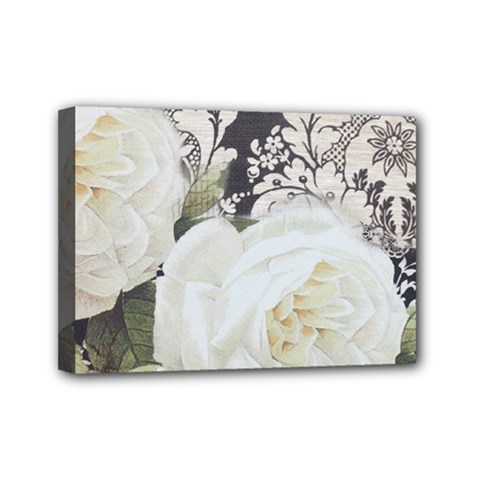 Elegant White Rose Vintage Damask Mini Canvas 7  X 5  (framed) by chicelegantboutique