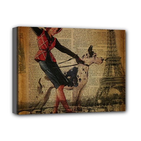 Paris Girl And Great Dane Vintage Newspaper Print Sexy Hot Gil Elvgren Pin Up Girl Paris Eiffel Towe Deluxe Canvas 16  X 12  (framed)  by chicelegantboutique