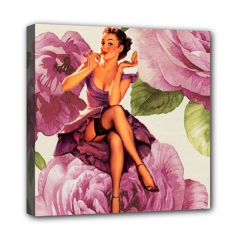 Cute Purple Dress Pin Up Girl Pink Rose Floral Art Mini Canvas 8  X 8  (framed) by chicelegantboutique