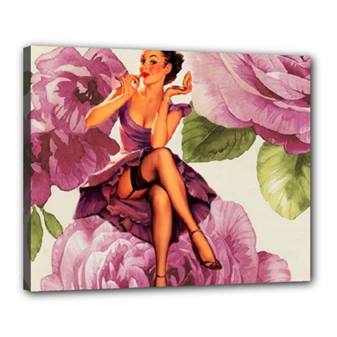 Cute Purple Dress Pin Up Girl Pink Rose Floral Art Canvas 20  X 16  (framed) by chicelegantboutique