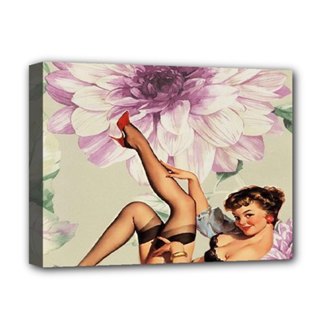 Gil Elvgren Pin Up Girl Purple Flower Fashion Art Deluxe Canvas 16  X 12  (framed)  by chicelegantboutique