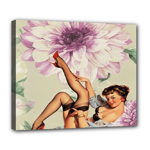 Gil Elvgren Pin Up Girl Purple Flower Fashion Art Deluxe Canvas 24  X 20  (framed) by chicelegantboutique