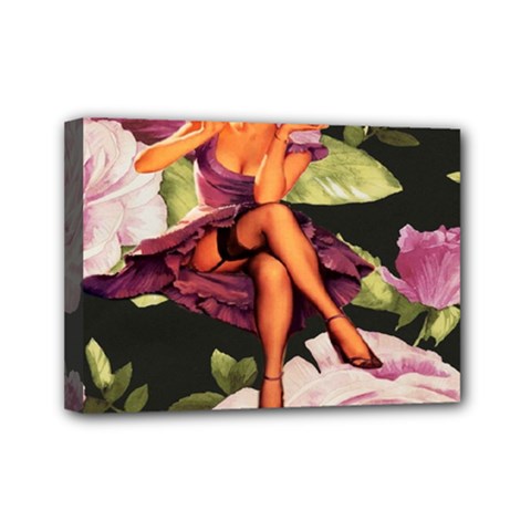 Cute Gil Elvgren Purple Dress Pin Up Girl Pink Rose Floral Art Mini Canvas 7  X 5  (framed) by chicelegantboutique