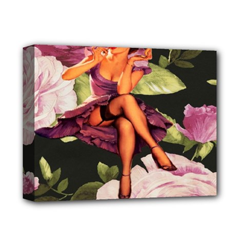 Cute Gil Elvgren Purple Dress Pin Up Girl Pink Rose Floral Art Deluxe Canvas 14  X 11  (framed) by chicelegantboutique