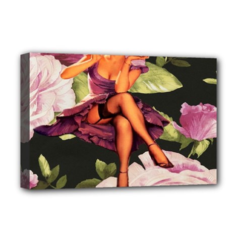 Cute Gil Elvgren Purple Dress Pin Up Girl Pink Rose Floral Art Deluxe Canvas 18  X 12  (framed) by chicelegantboutique