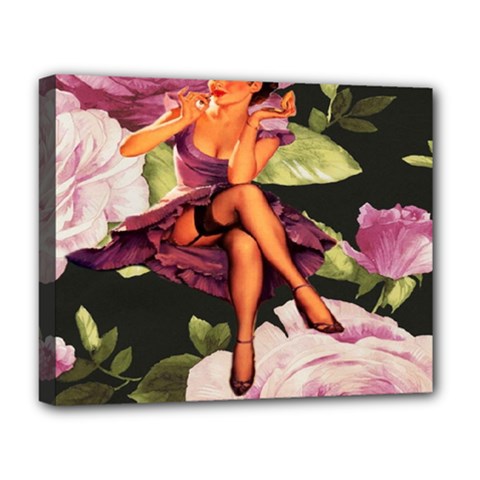 Cute Gil Elvgren Purple Dress Pin Up Girl Pink Rose Floral Art Deluxe Canvas 20  X 16  (framed) by chicelegantboutique