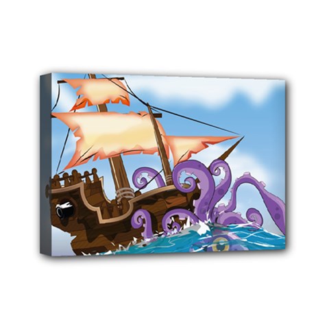 Pirate Ship Attacked By Giant Squid Cartoon Mini Canvas 7  X 5  (framed)