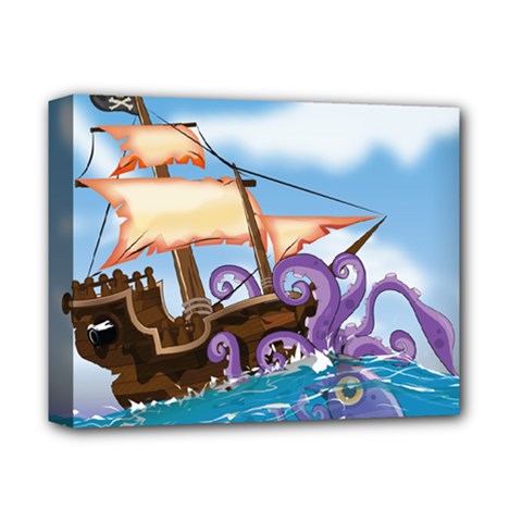 Pirate Ship Attacked By Giant Squid Cartoon Deluxe Canvas 14  X 11  (framed)