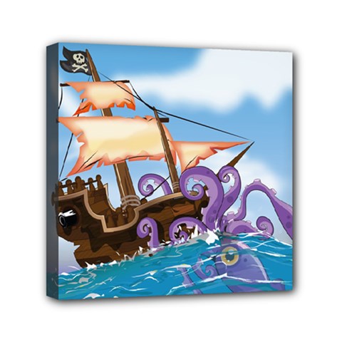 Piratepirate Ship Attacked By Giant Squid  Mini Canvas 6  X 6  (framed)