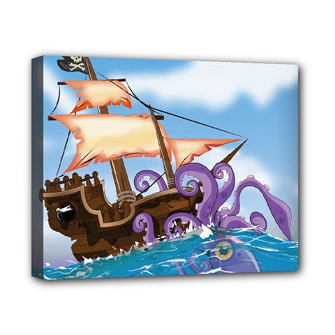 Pirate Ship Attacked By Giant Squid Cartoon  Canvas 10  X 8  (framed)