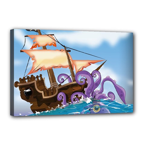 Pirate Ship Attacked By Giant Squid Cartoon  Canvas 18  X 12  (framed) by NickGreenaway