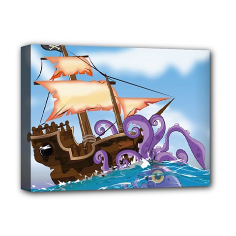 Pirate Ship Attacked By Giant Squid Cartoon  Deluxe Canvas 16  X 12  (framed) 