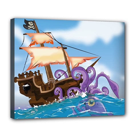 Pirate Ship Attacked By Giant Squid Cartoon  Deluxe Canvas 24  X 20  (framed)