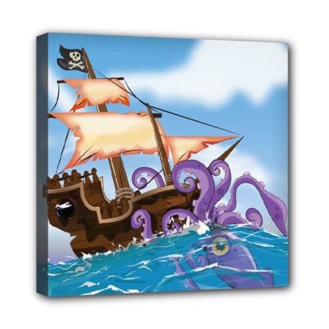 Pirate Ship Attacked By Giant Squid Cartoon  Mini Canvas 8  X 8  (framed)