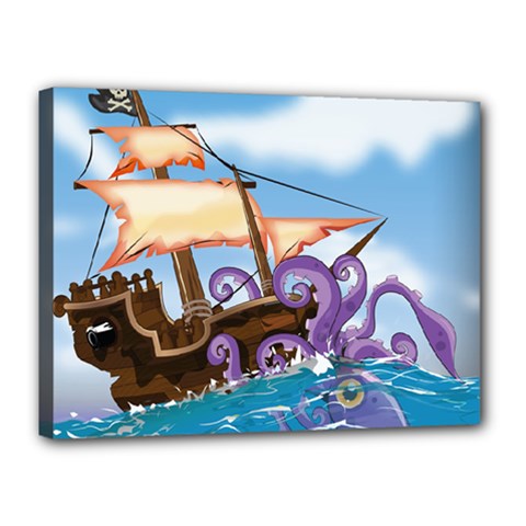 Pirate Ship Attacked By Giant Squid Cartoon  Canvas 16  X 12  (framed)