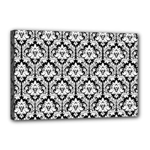 White On Black Damask Canvas 18  X 12  (framed)