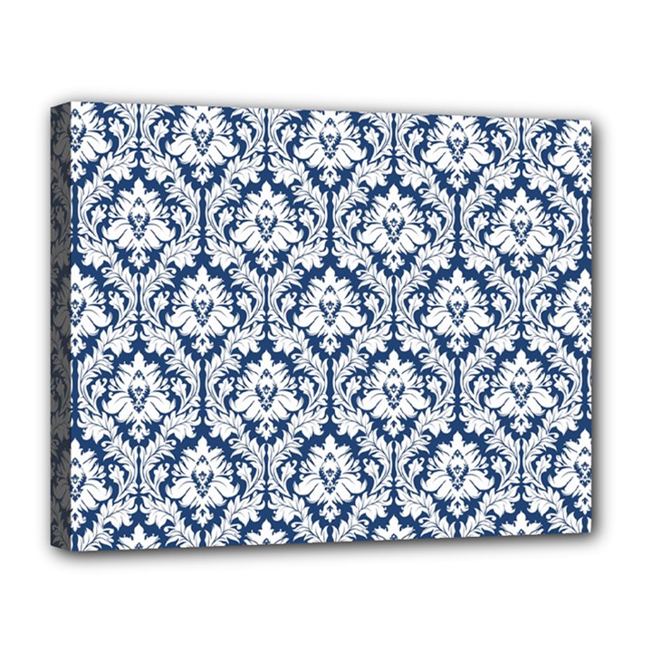 White On Blue Damask Canvas 14  x 11  (Framed)