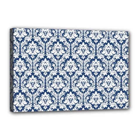 White On Blue Damask Canvas 18  X 12  (framed) by Zandiepants