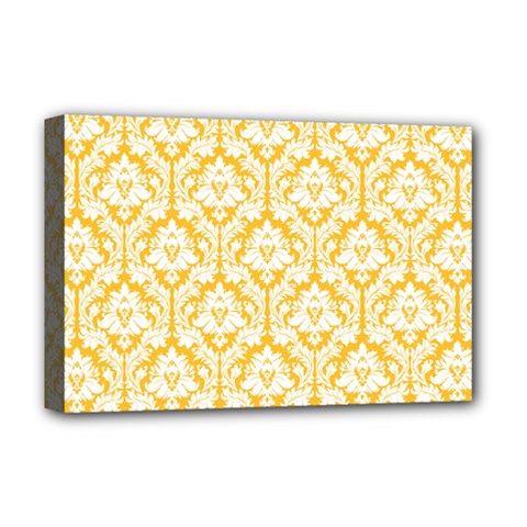 White On Sunny Yellow Damask Deluxe Canvas 18  X 12  (framed) by Zandiepants