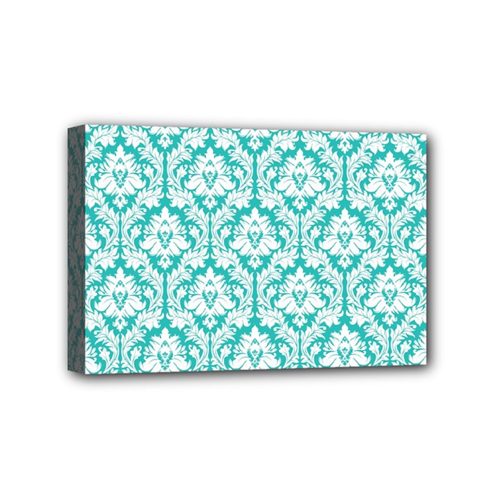 White On Turquoise Damask Mini Canvas 6  x 4  (Framed)