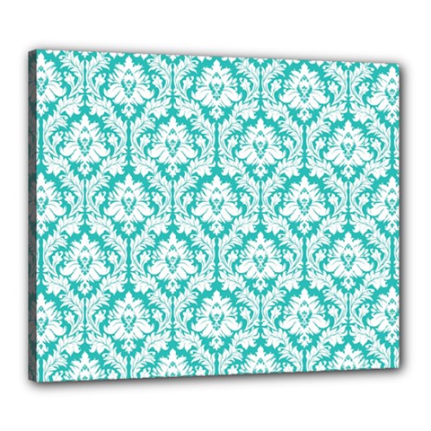 White On Turquoise Damask Canvas 24  X 20  (framed) by Zandiepants