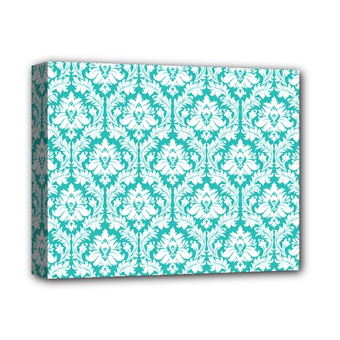 White On Turquoise Damask Deluxe Canvas 14  X 11  (framed) by Zandiepants