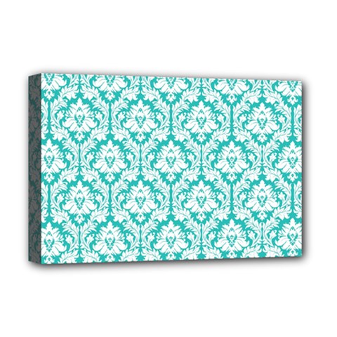 White On Turquoise Damask Deluxe Canvas 18  X 12  (framed) by Zandiepants