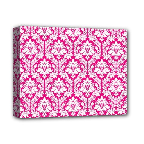 White On Hot Pink Damask Deluxe Canvas 14  X 11  (framed) by Zandiepants