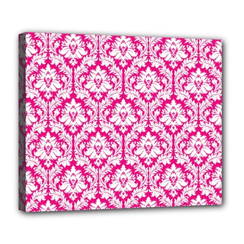 White On Hot Pink Damask Deluxe Canvas 24  X 20  (framed) by Zandiepants