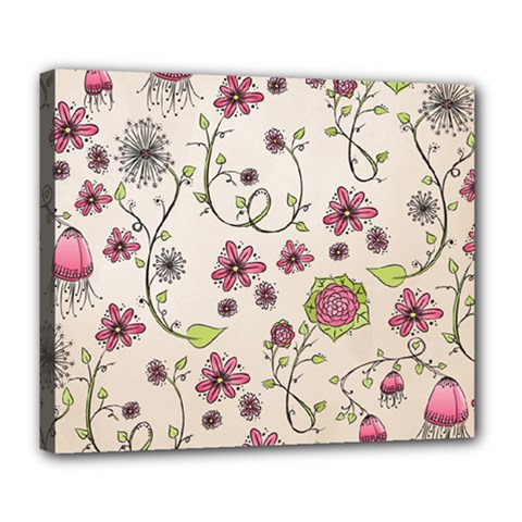 Pink Whimsical Flowers On Beige Deluxe Canvas 24  X 20  (framed) by Zandiepants