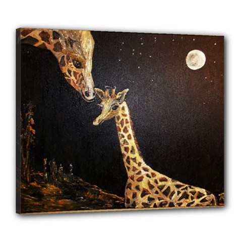 Baby Giraffe And Mom Under The Moon Canvas 24  X 20  (framed)