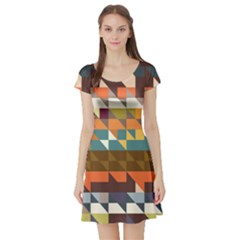 Shapes In Retro Colors Short Sleeved Skater Dress