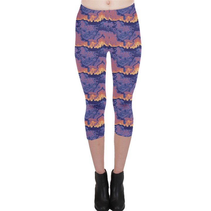 Pink blue waves pattern Capri Leggings 