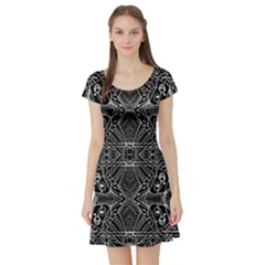 Black And White Tribal Geometric Pattern Print Short Sleeved Skater Dress by dflcprintsclothing