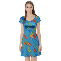 Colorful Shapes On A Blue Background Short Sleeved Skater Dress by LalyLauraFLM