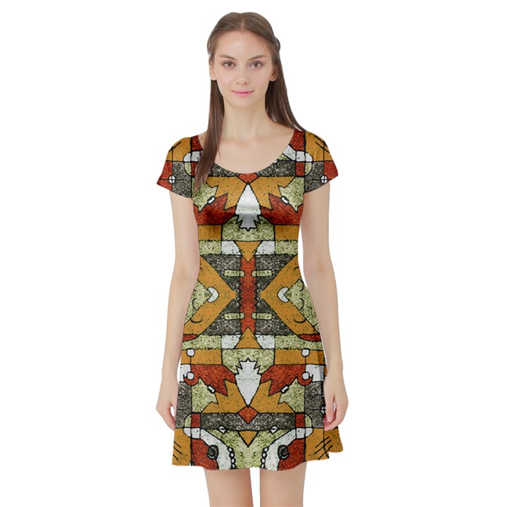 Multicolored Abstract Tribal Print Short Sleeved Skater Dress