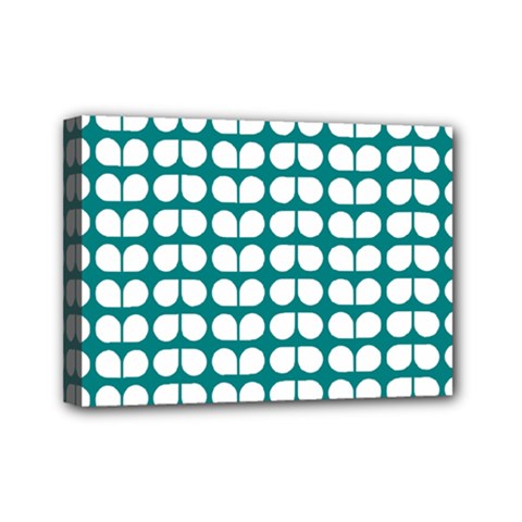 Teal And White Leaf Pattern Mini Canvas 7  X 5  (framed) by GardenOfOphir