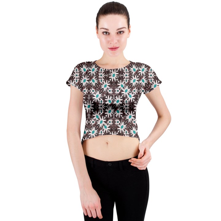 Modern Floral Geometric Pattern Crew Neck Crop Top