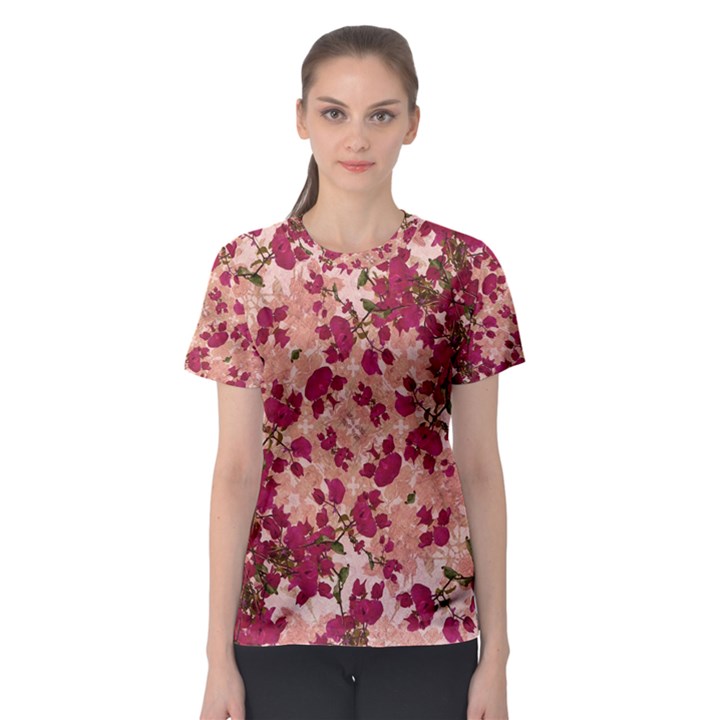 Vintage Floral Print Women s Sport Mesh Tee