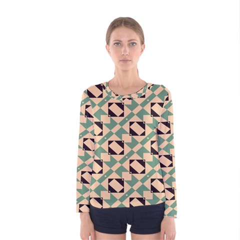 Brown Green Rectangles Pattern Women Long Sleeve T-shirt by LalyLauraFLM